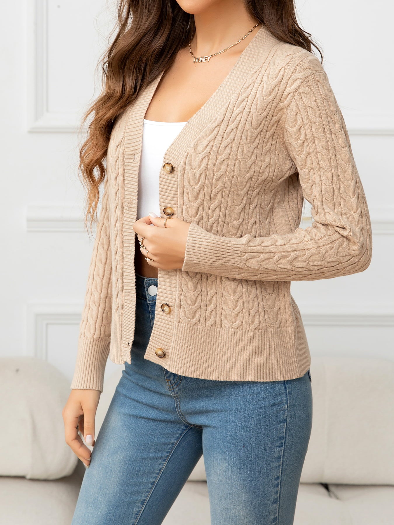 V-Neck Long Sleeve Cable-Knit Buttoned Knit Top 