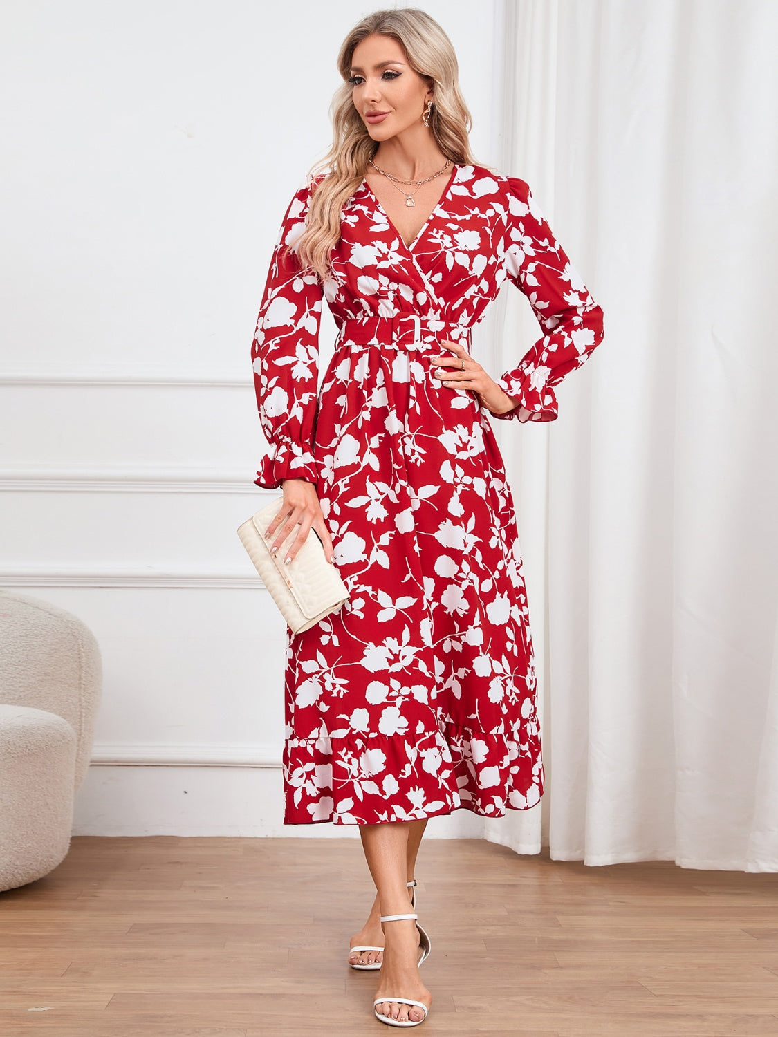 Floral Surplice Flounce Sleeve Ruffle Hem Dress 