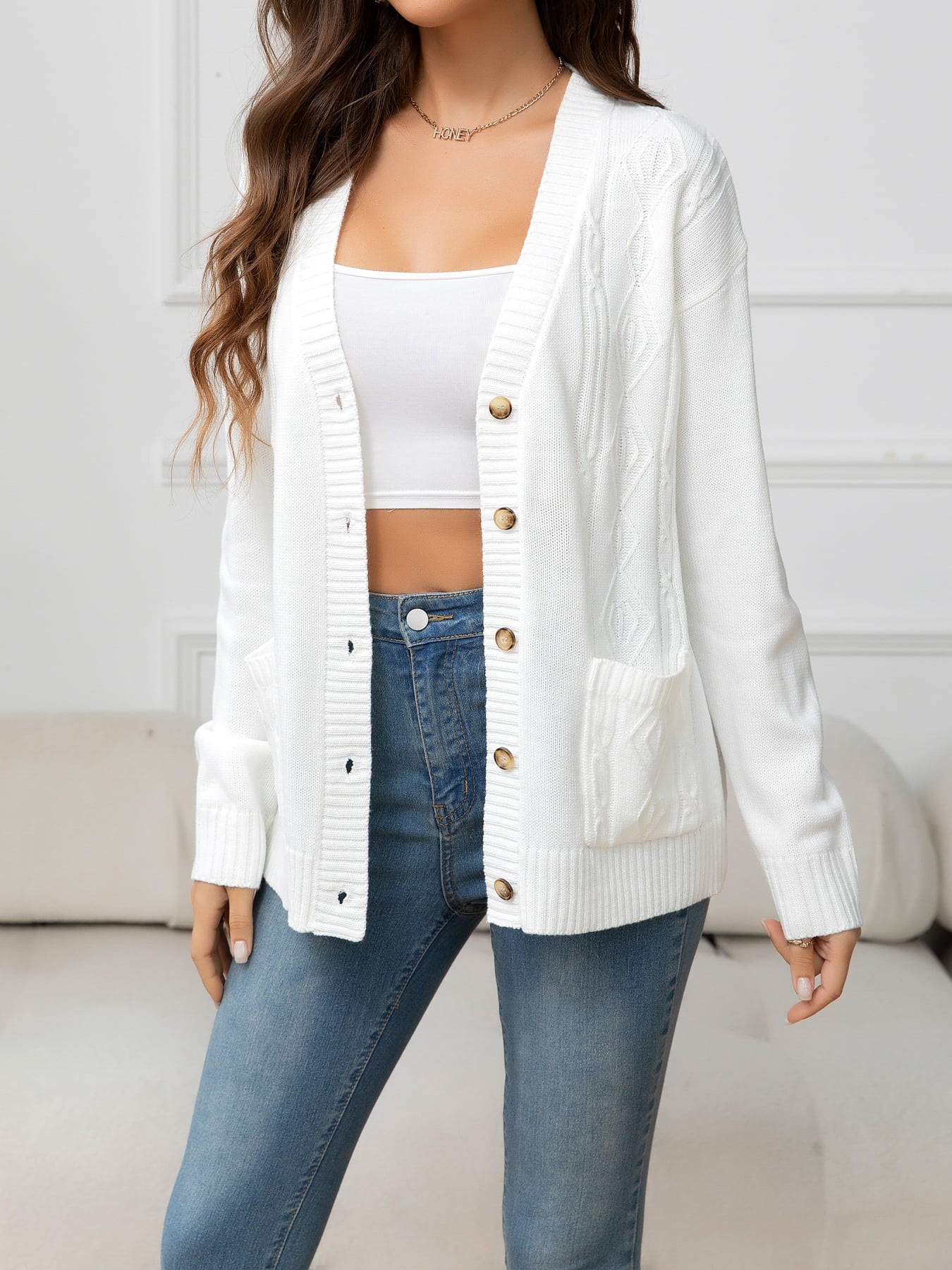 V-Neck Long Sleeve Buttoned Knit Top with Pocket 