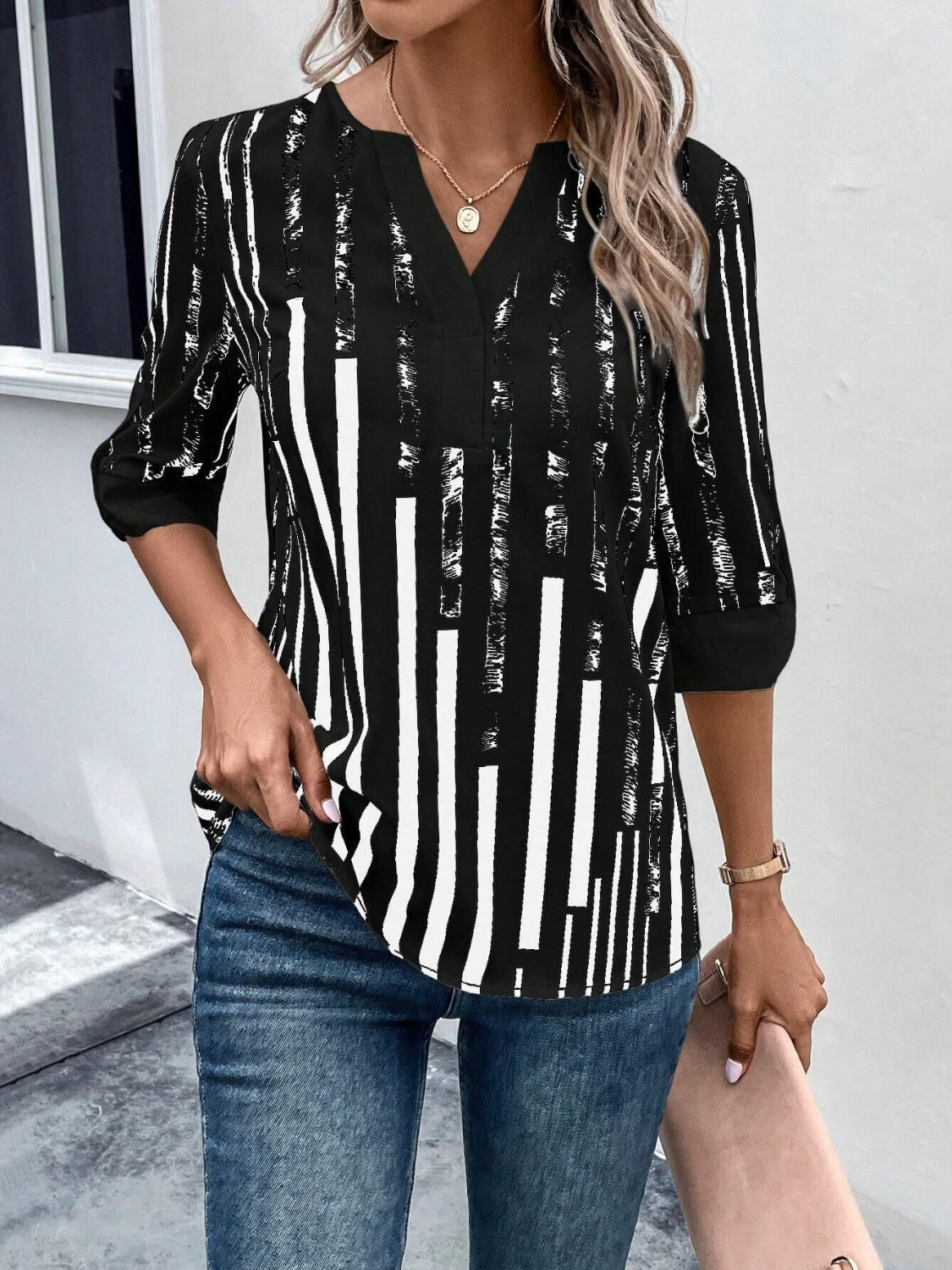 Striped Notched Half Sleeve Blouse 