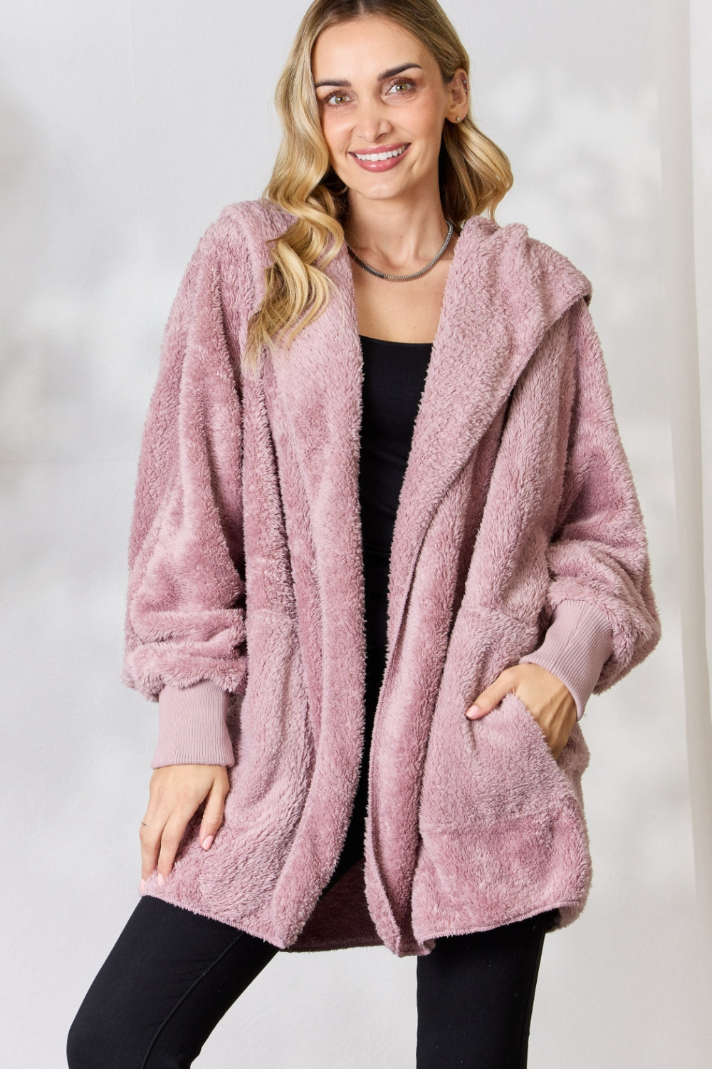 H&T Faux Fur Open Front Hooded Jacket 