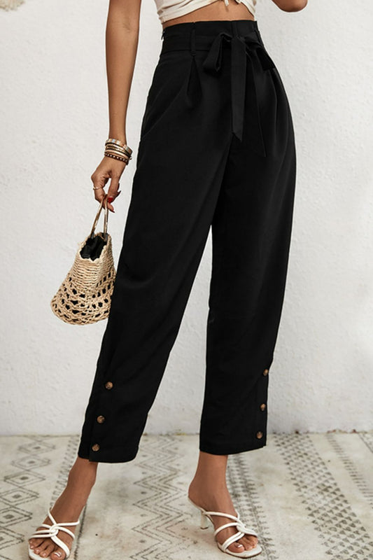 Buttoned Tie-Waist Cropped Pants 