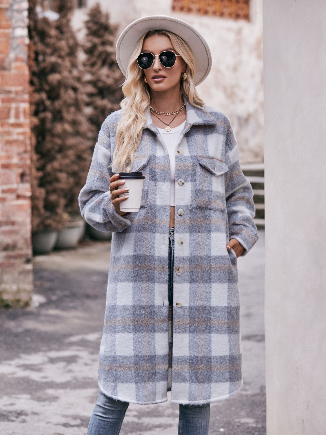 Plaid Dropped Shoulder Slit Coat 