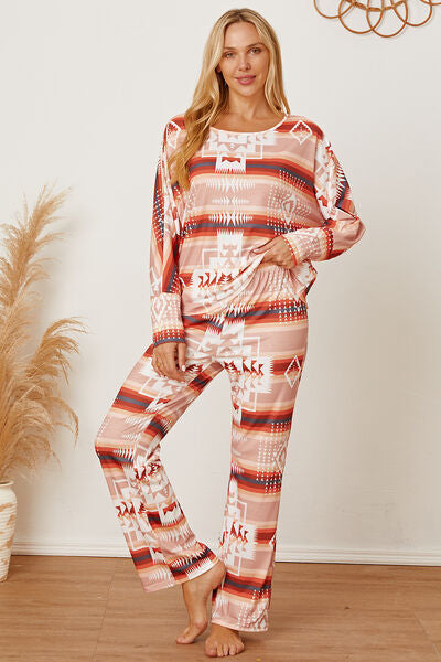 Striped Geometric Top and Pants Lounge Set 