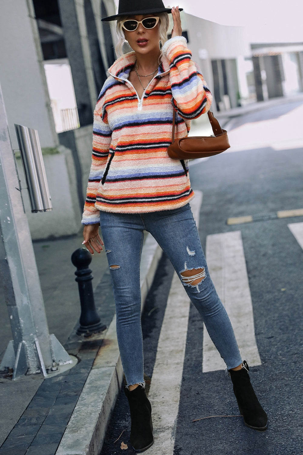 Striped Quarter Zip Dropped Shoulder Sweatshirt 