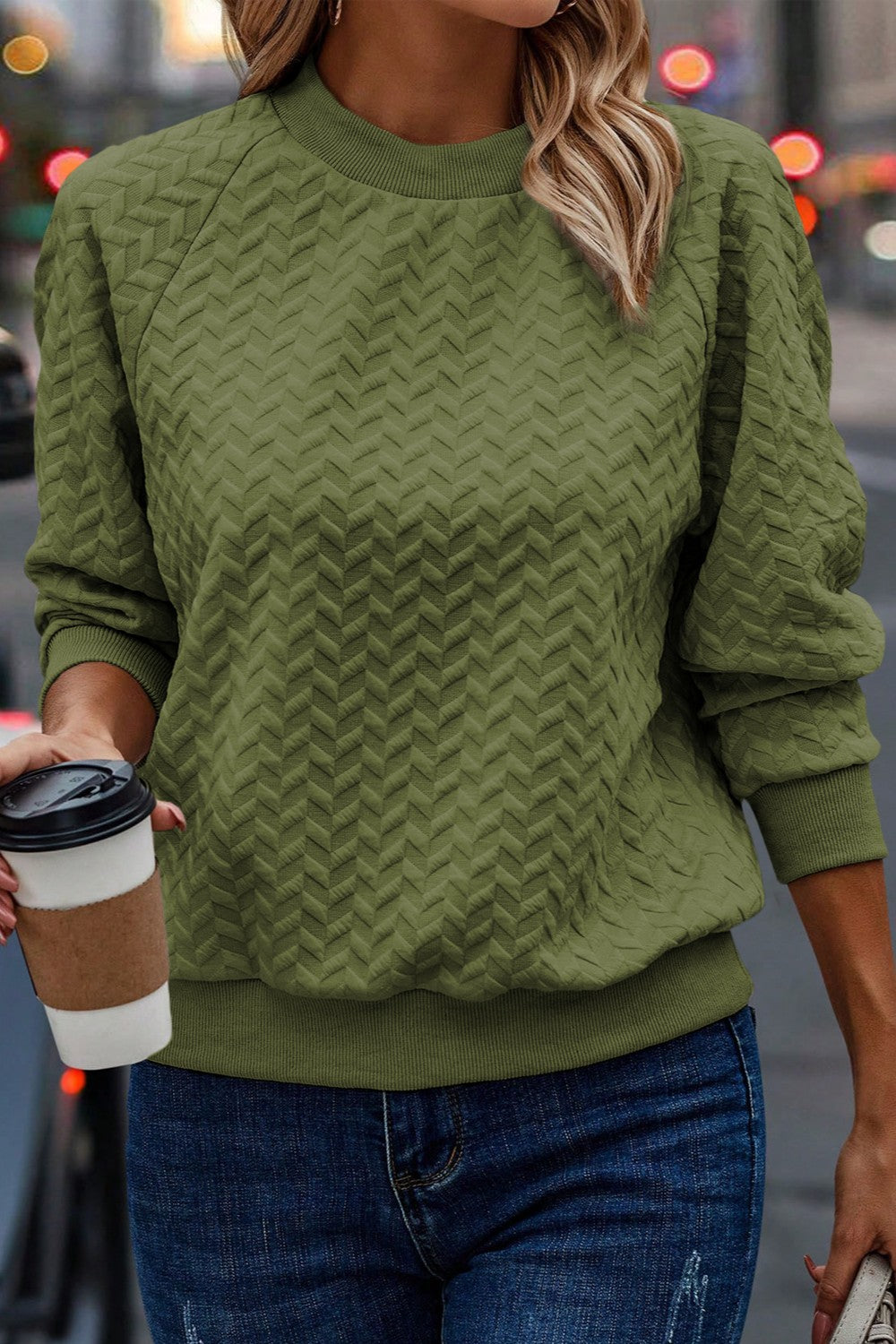 Texture Round Neck Long Sleeve Sweatshirt - Babbazon Tops