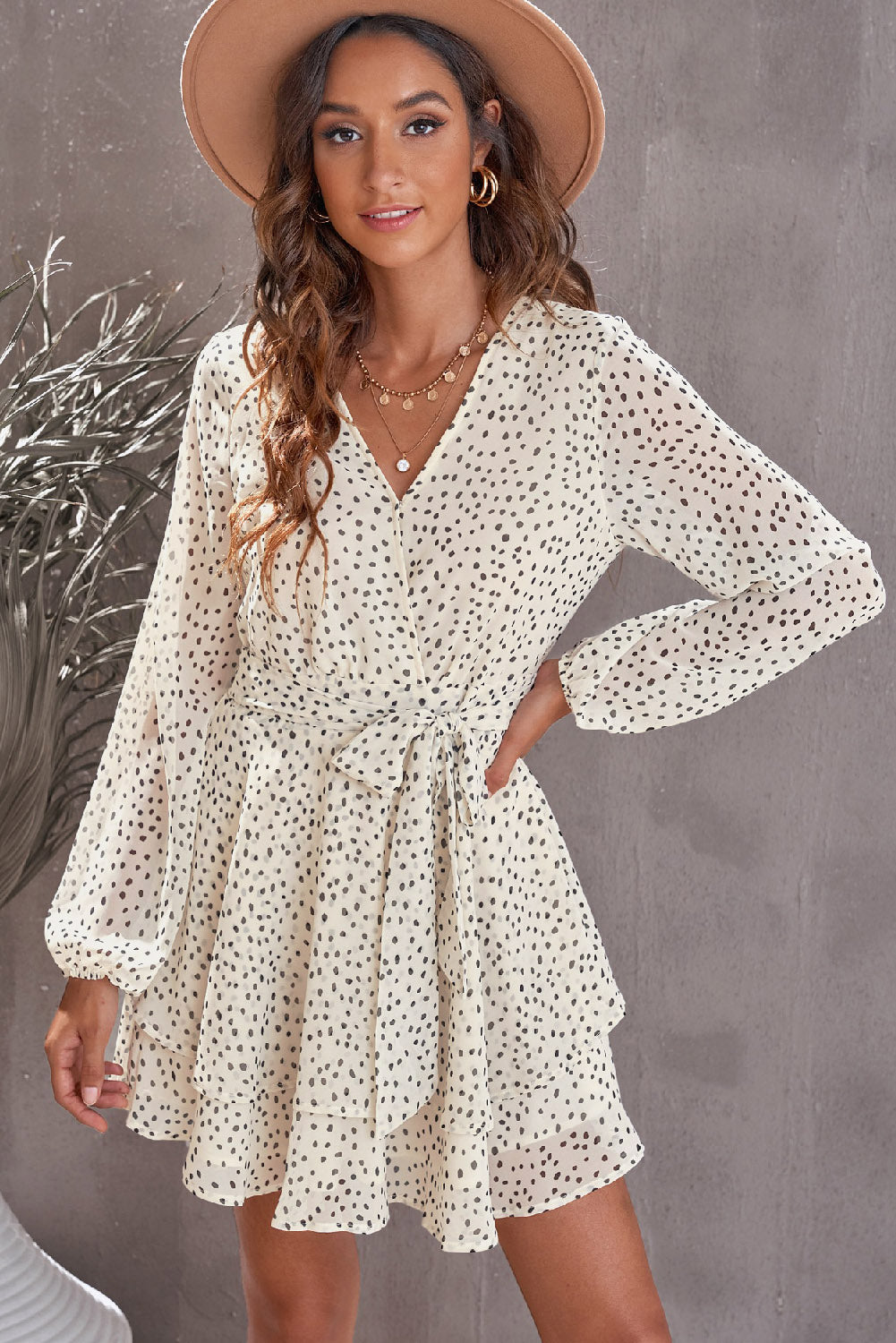 Tied Polka Dot Balloon Sleeve Layered Dress 