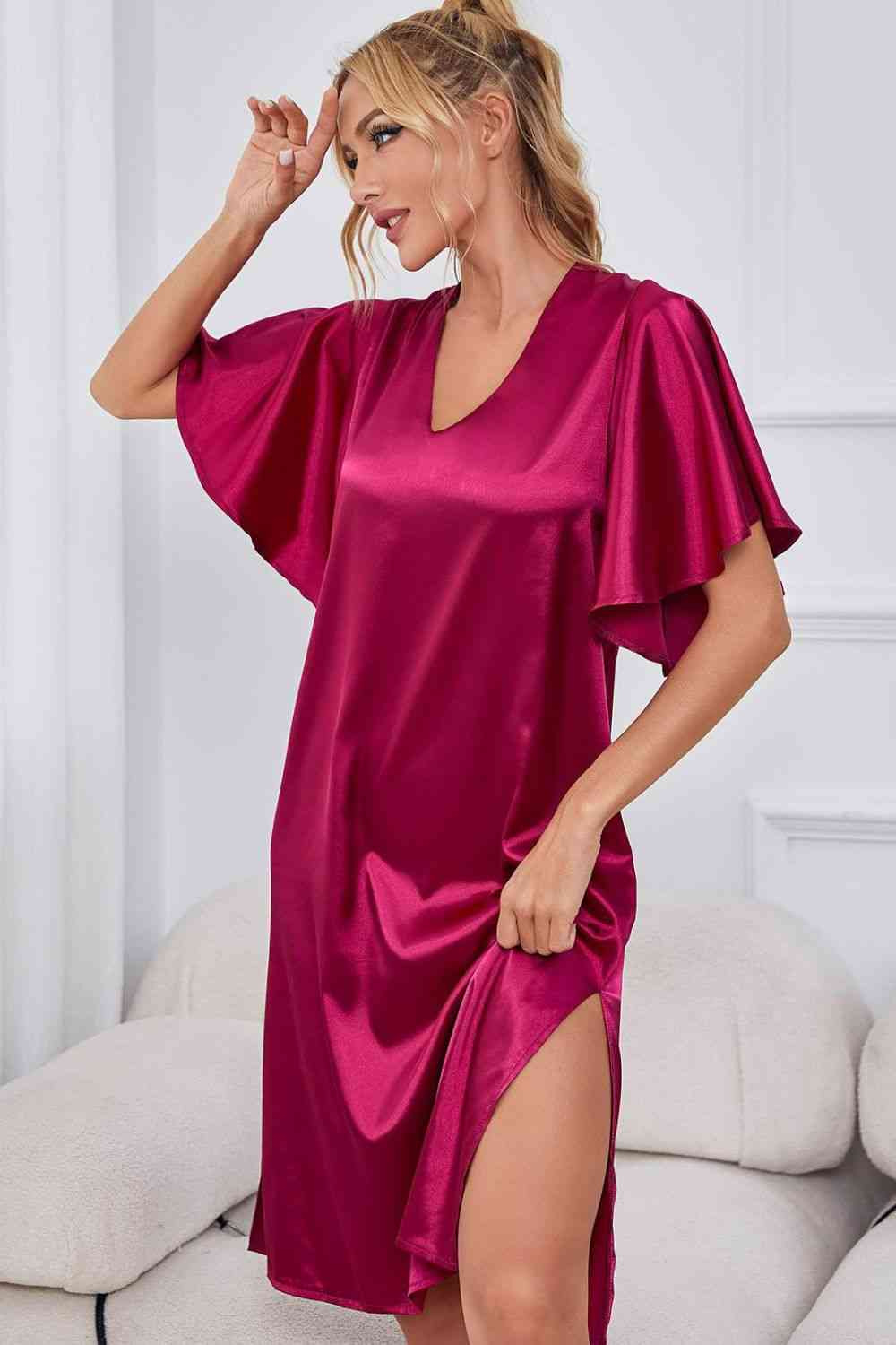 Satin Flutter Sleeve Side Slit V-Neck Night Dress 