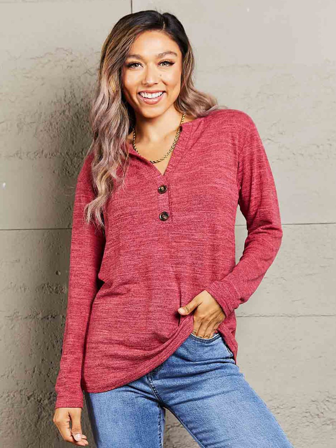 Double Take Buttoned Notched Neck Long Sleeve Top 