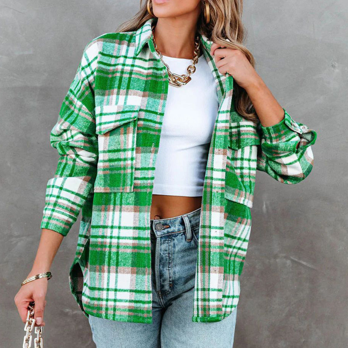 Plaid High-Low Collared Neck Jacket with Pockets - Babbazon Jacket