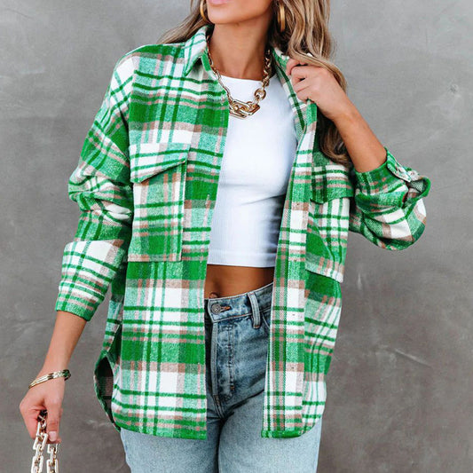 Plaid High-Low Collared Neck Jacket with Pockets - Babbazon Jacket