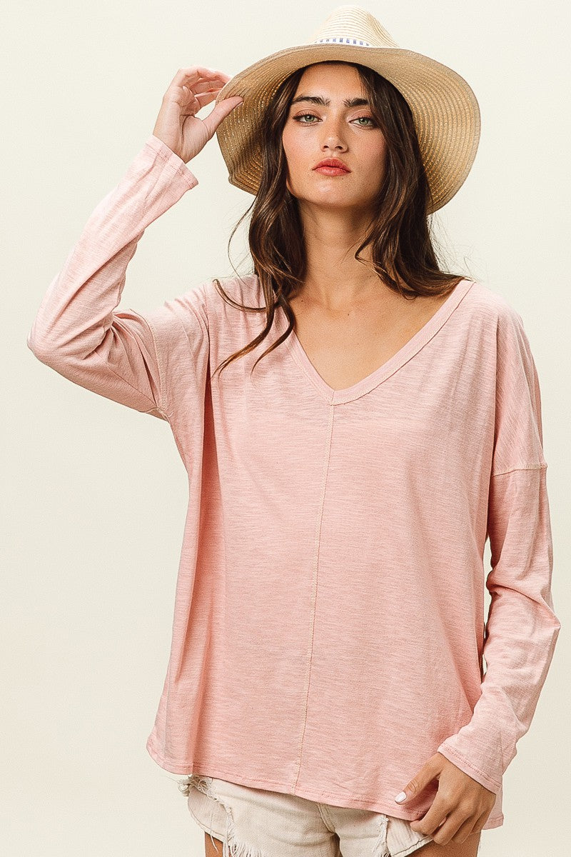 BiBi Exposed Seam V-Neck Long Sleeve T-Shirt 