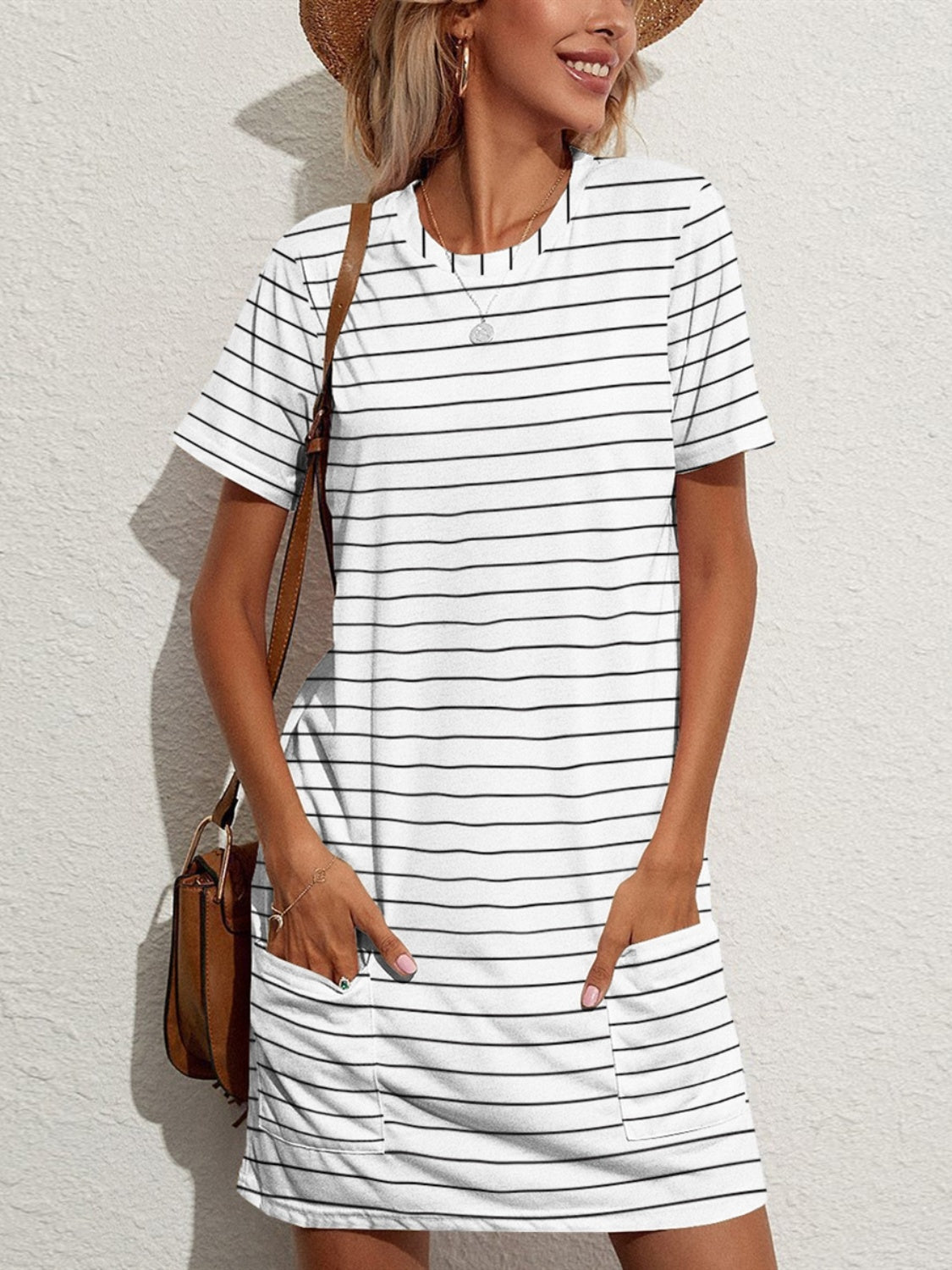 Pocketed Striped Round Neck Short Sleeve Dress - Babbazon