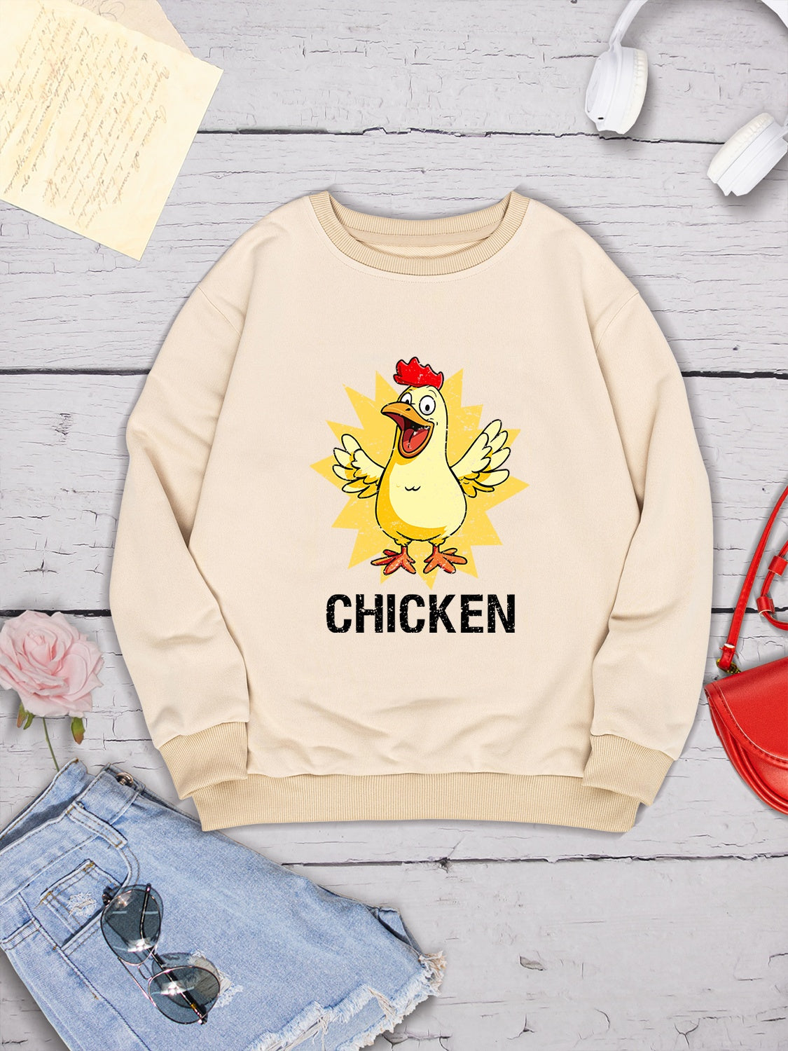 CHICKEN Round Neck Dropped Shoulder Sweatshirt