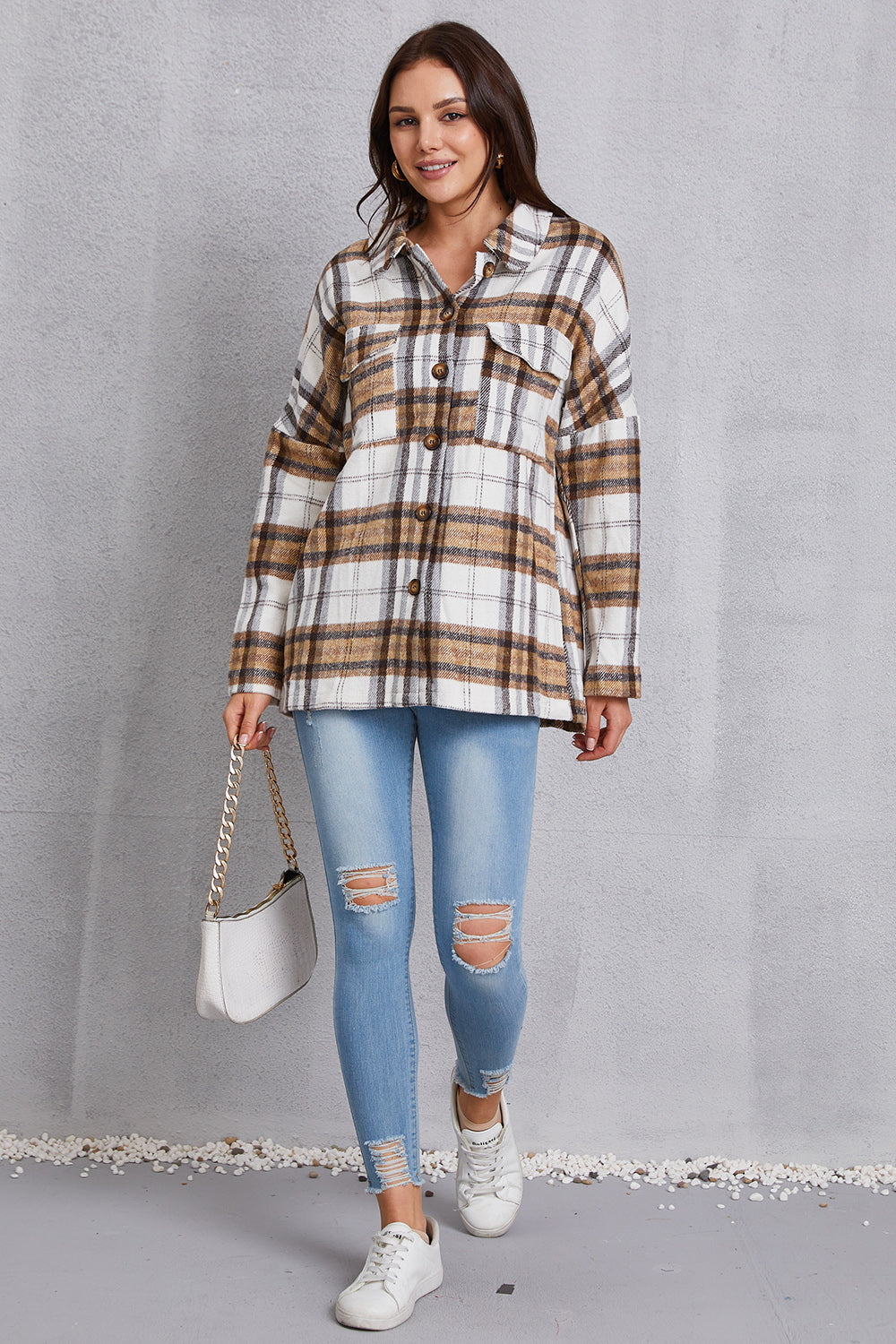 Plaid Button Up Dropped Shoulder Outerwear 