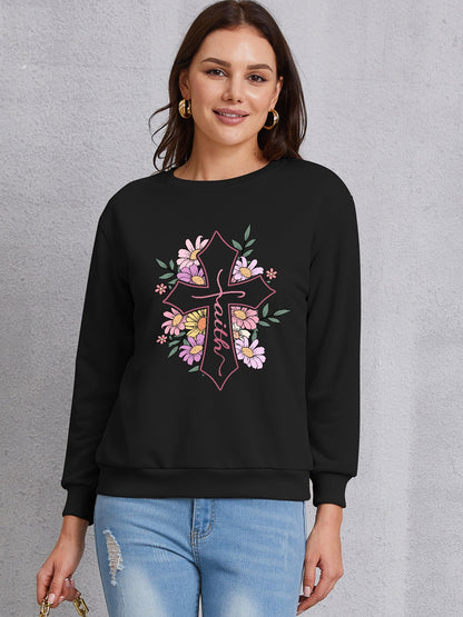 Cross Graphic Round Neck Dropped Shoulder Sweatshirt 