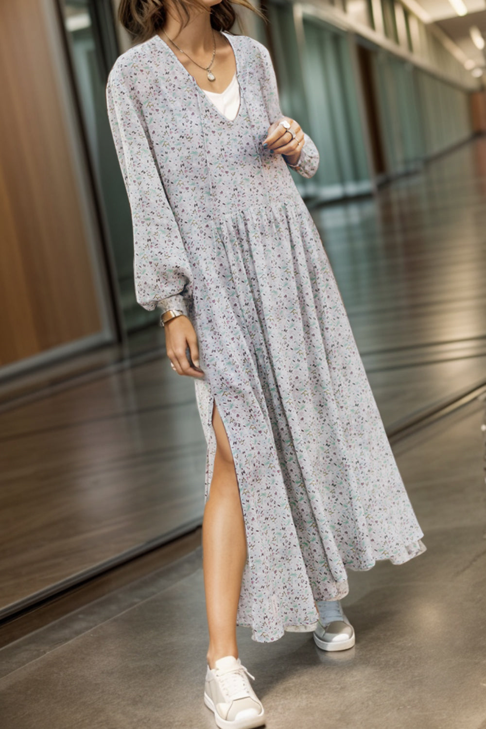 Slit Printed Tie Neck Long Sleeve Dress - Babbazon Midi Dress