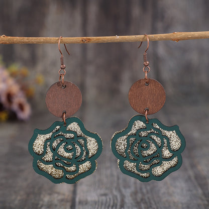 Wooden Alloy Rose Shape Dangle Earrings 