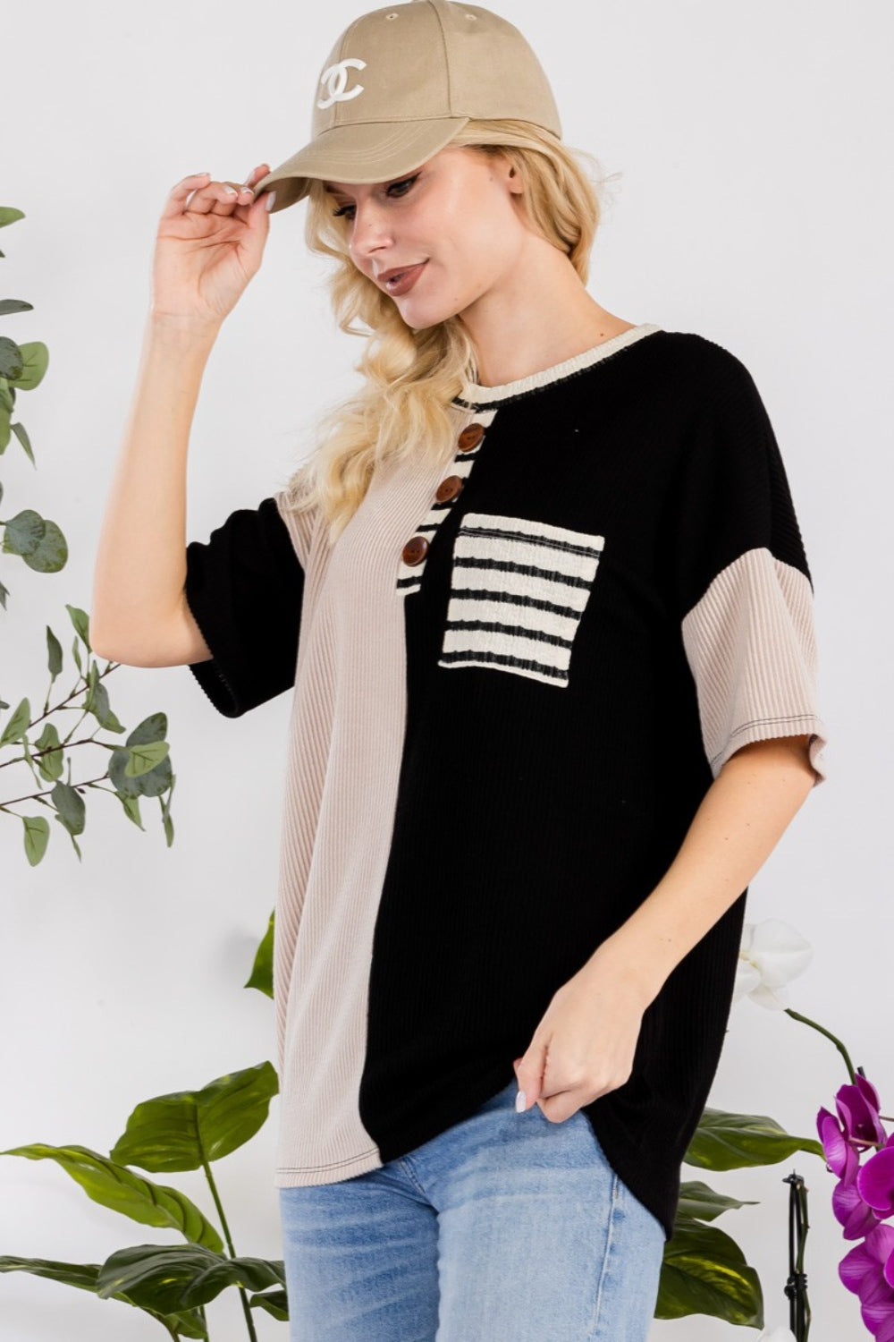 Celeste Full Size Rib Contrast Short Sleeve T-Shirt 