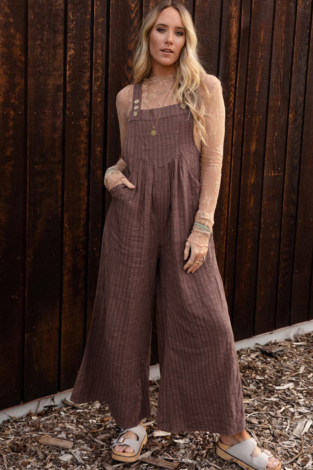 Texture Buttoned Wide Leg Overalls - Babbazon jumpsuit