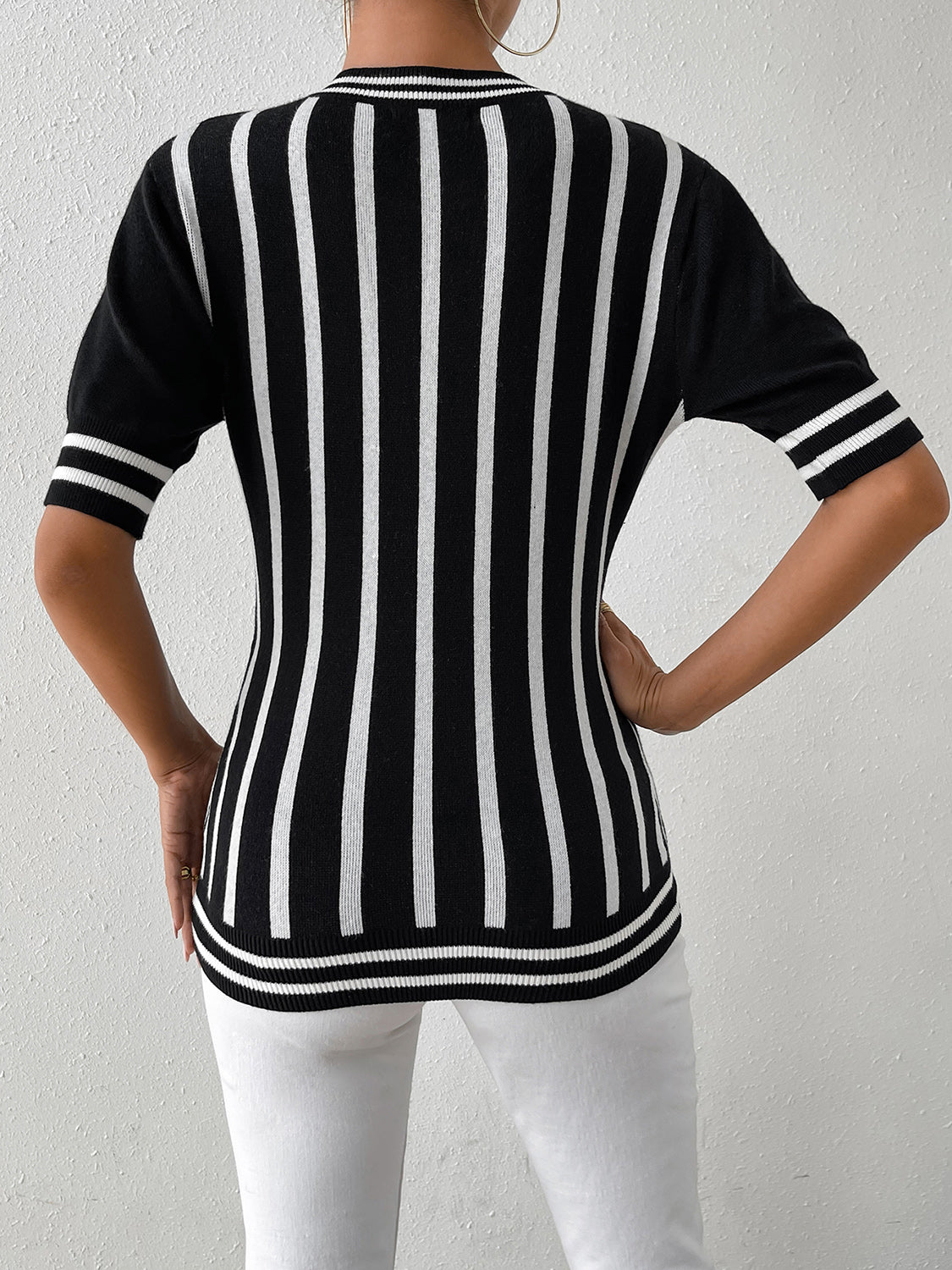 Striped Round Neck Half Sleeve Knit Top 