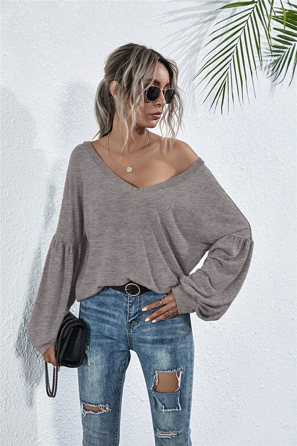 V-Neck Long Sleeve Dropped Shoulder Knit Top 