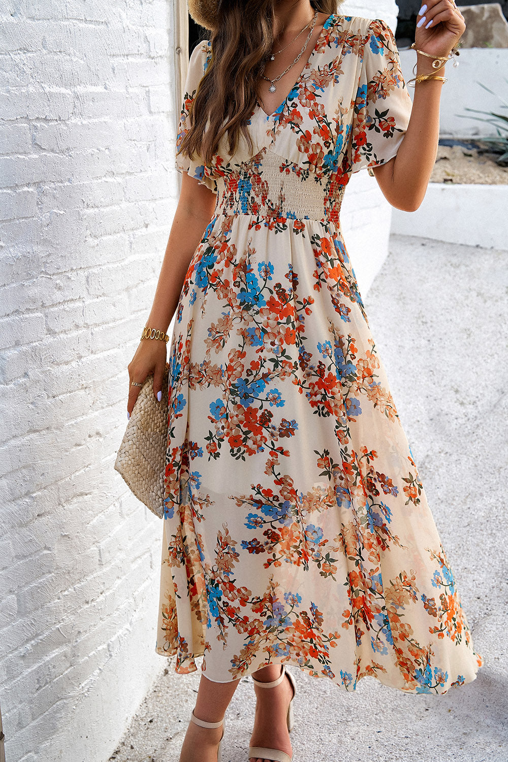 Smocked Floral V-Neck Short Sleeve Dress 