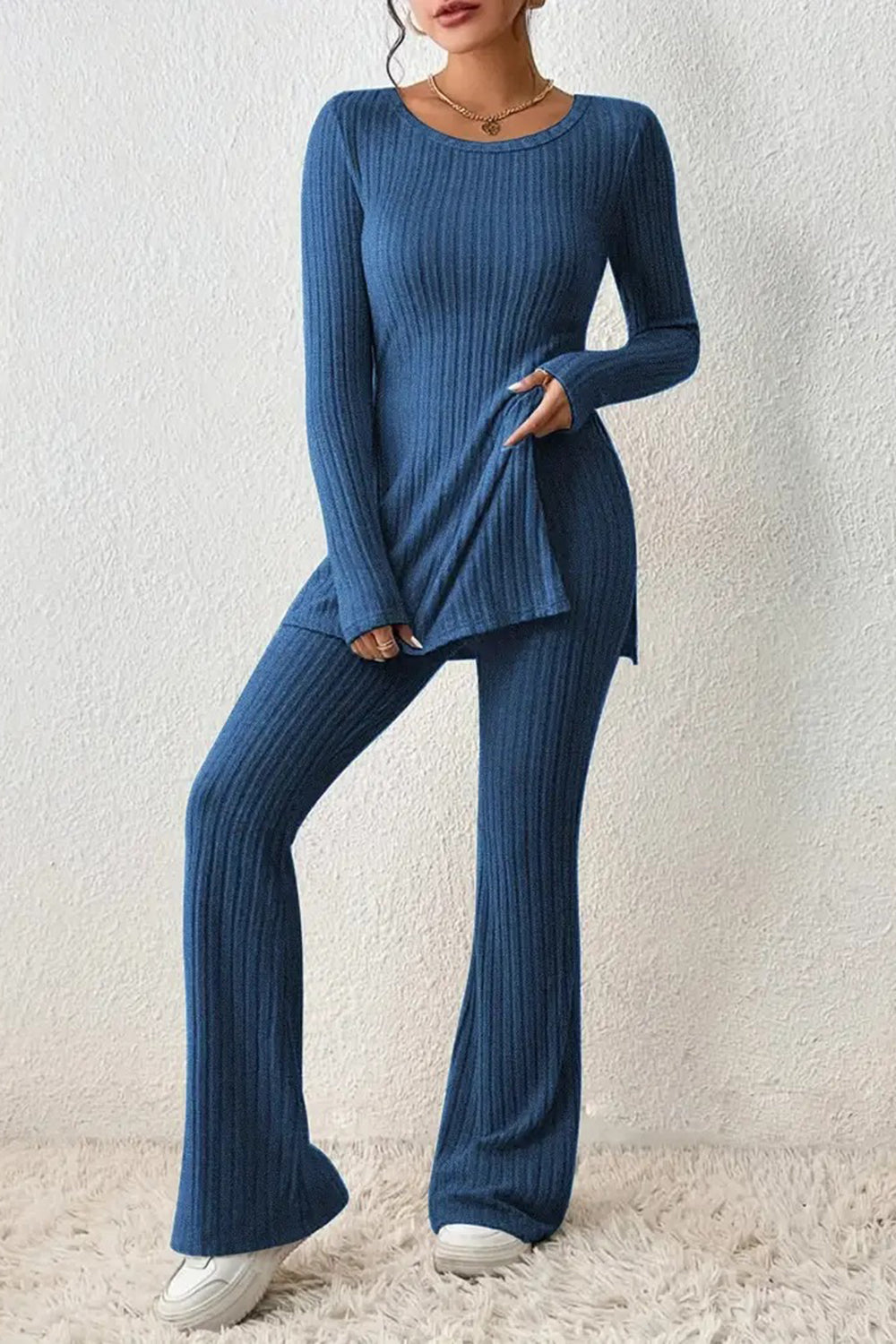 Ribbed Long Sleeve Slit Top and Bootcut Pants Set 