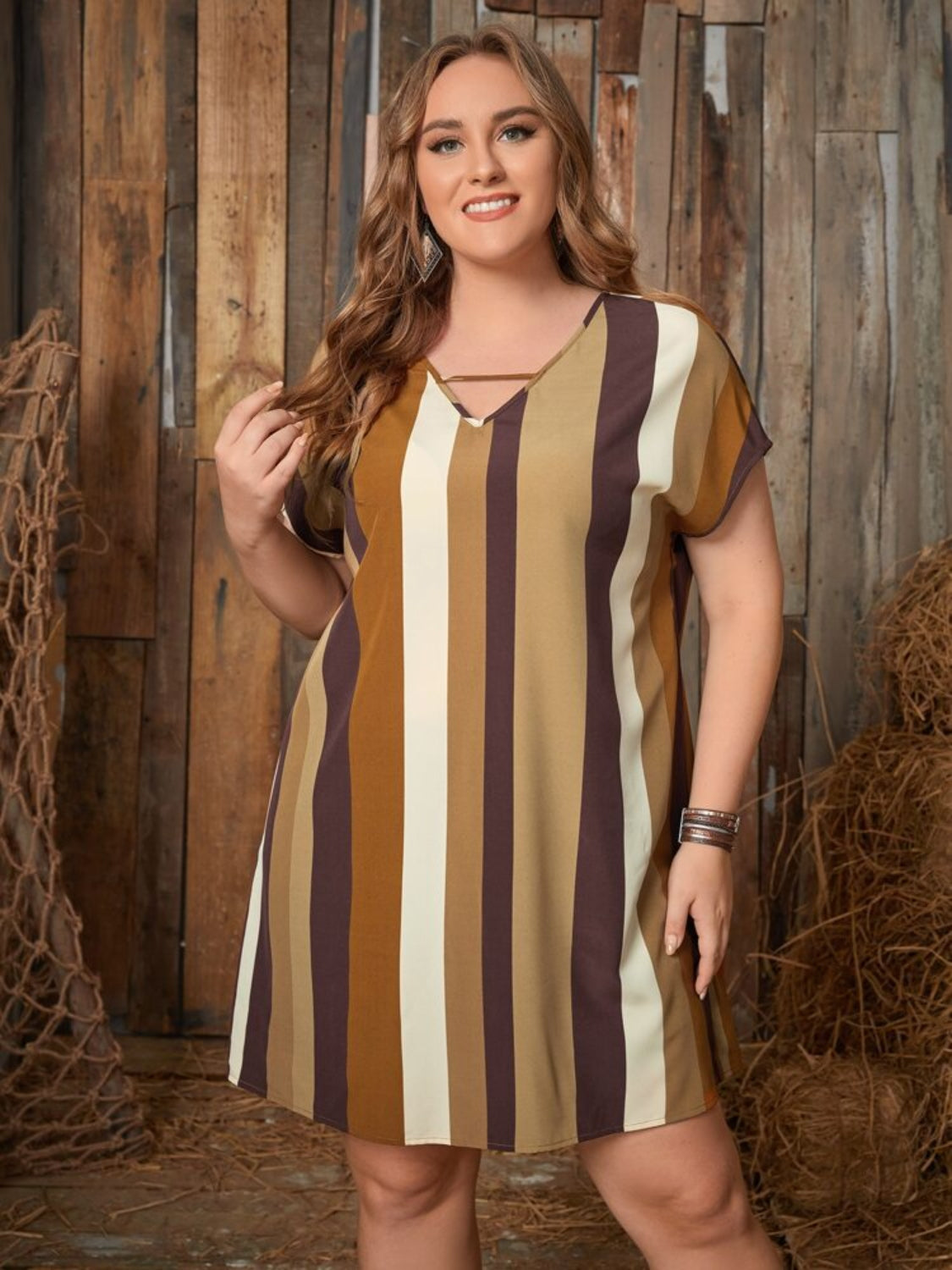 Plus Size Striped Short Sleeve Mini Dress 