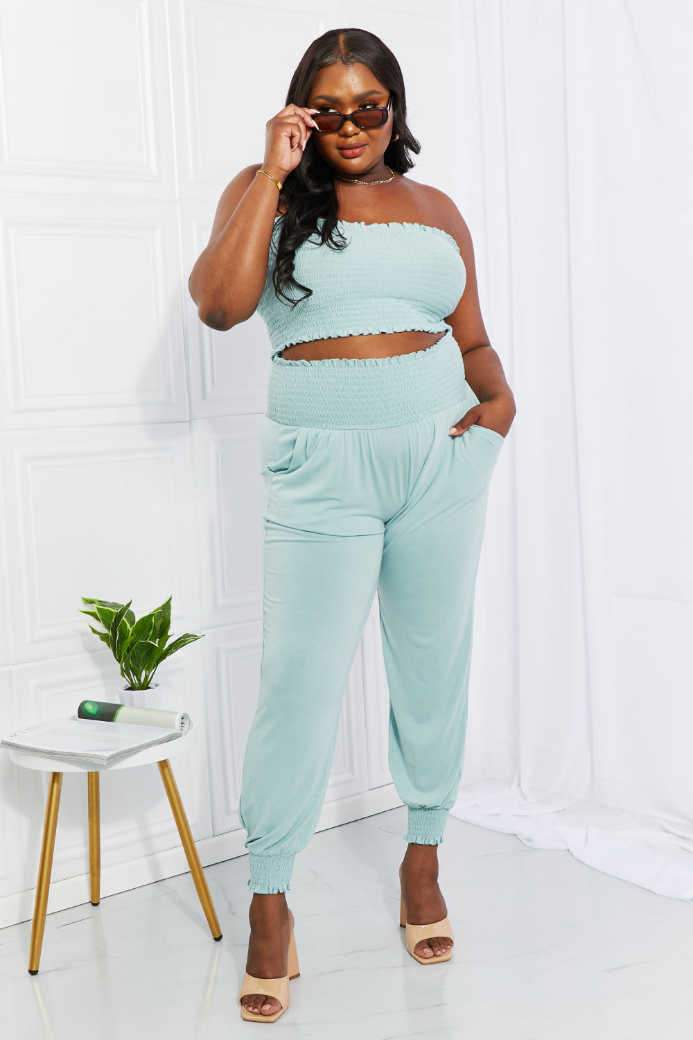 Zenana Full Size Stylish Comfort Smocked Tube Top & Joggers Set 