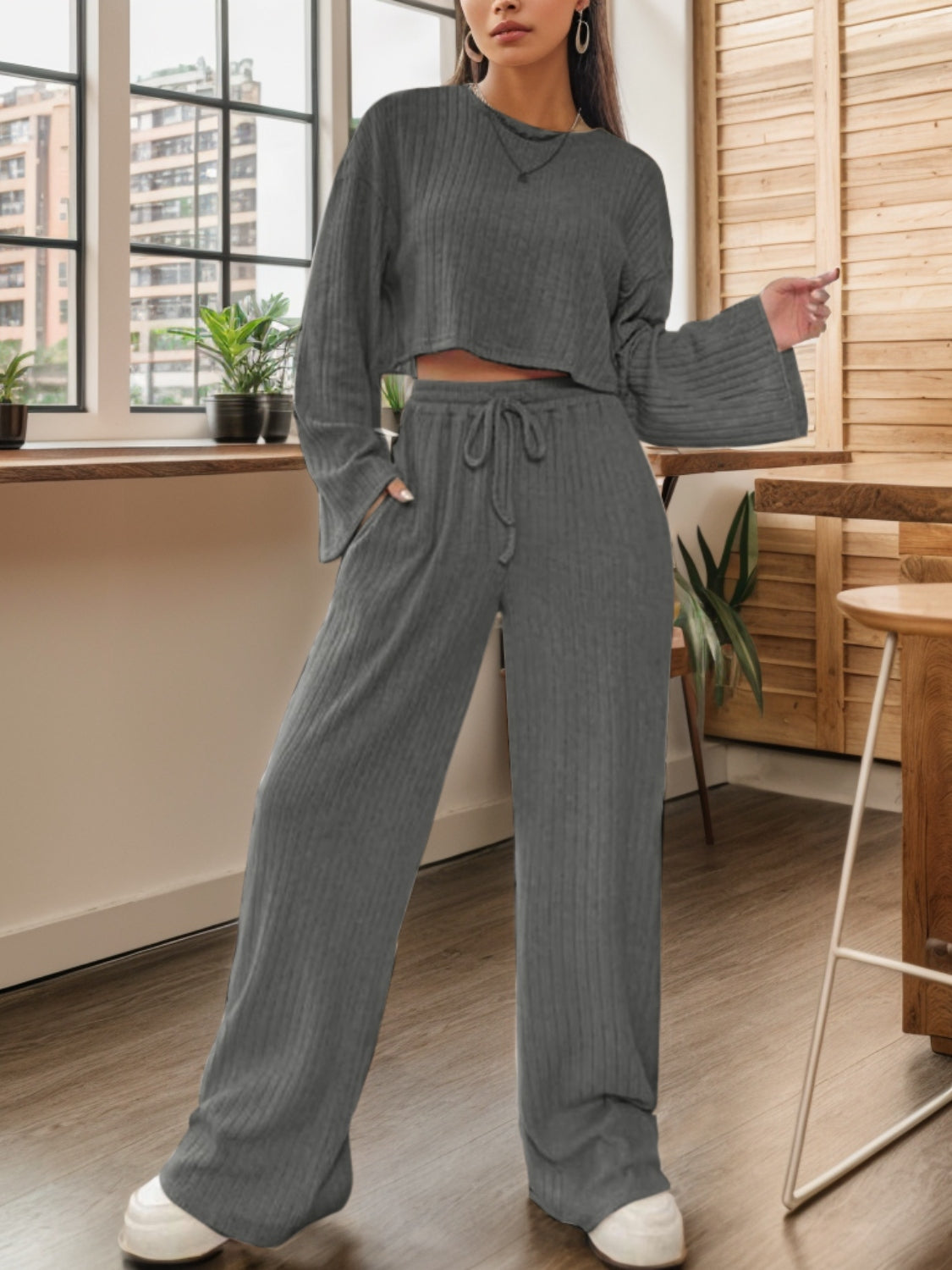 Ribbed Round Neck Top and Drawstring Pants Set 