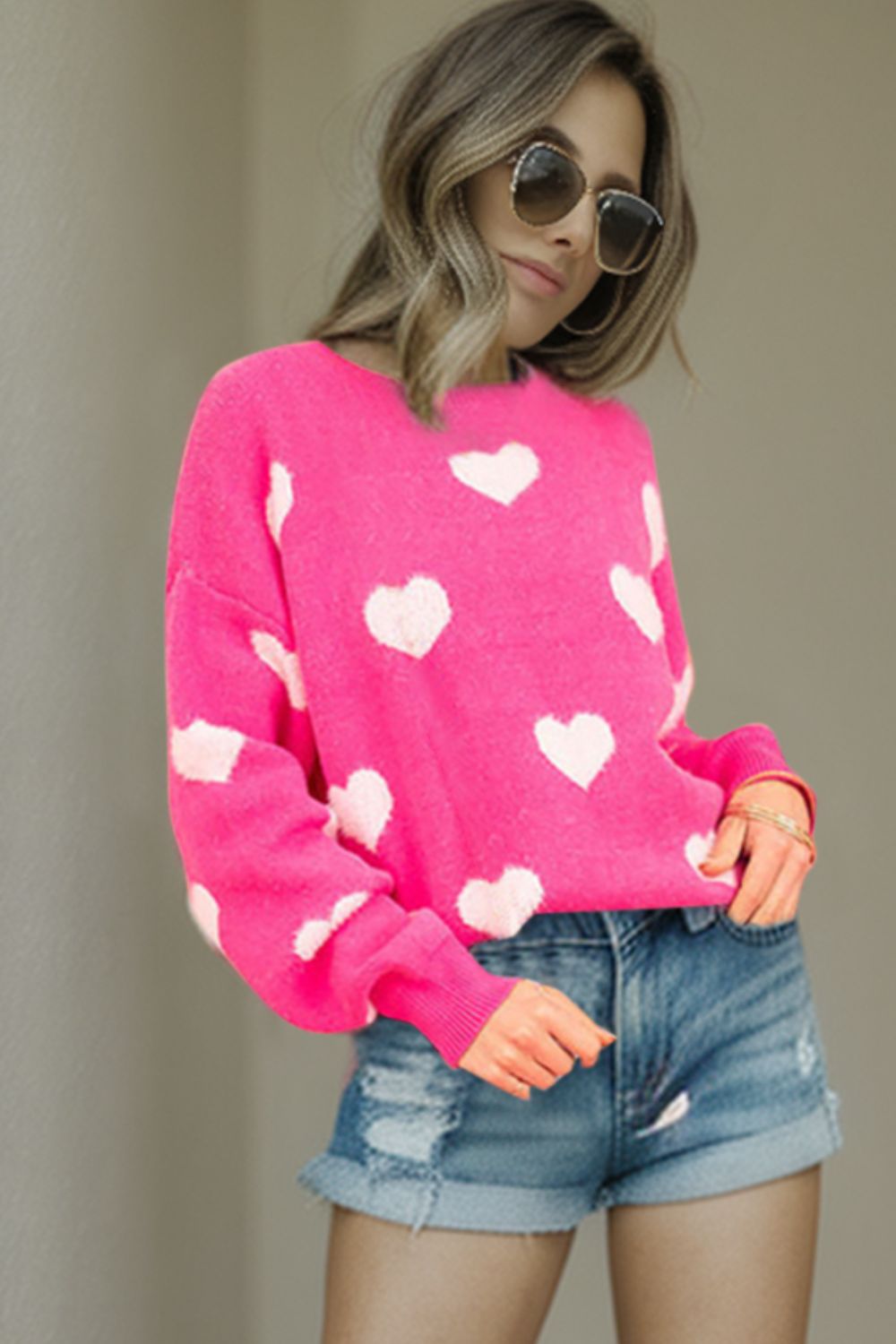 Heart Round Neck Dropped Shoulder Sweater 