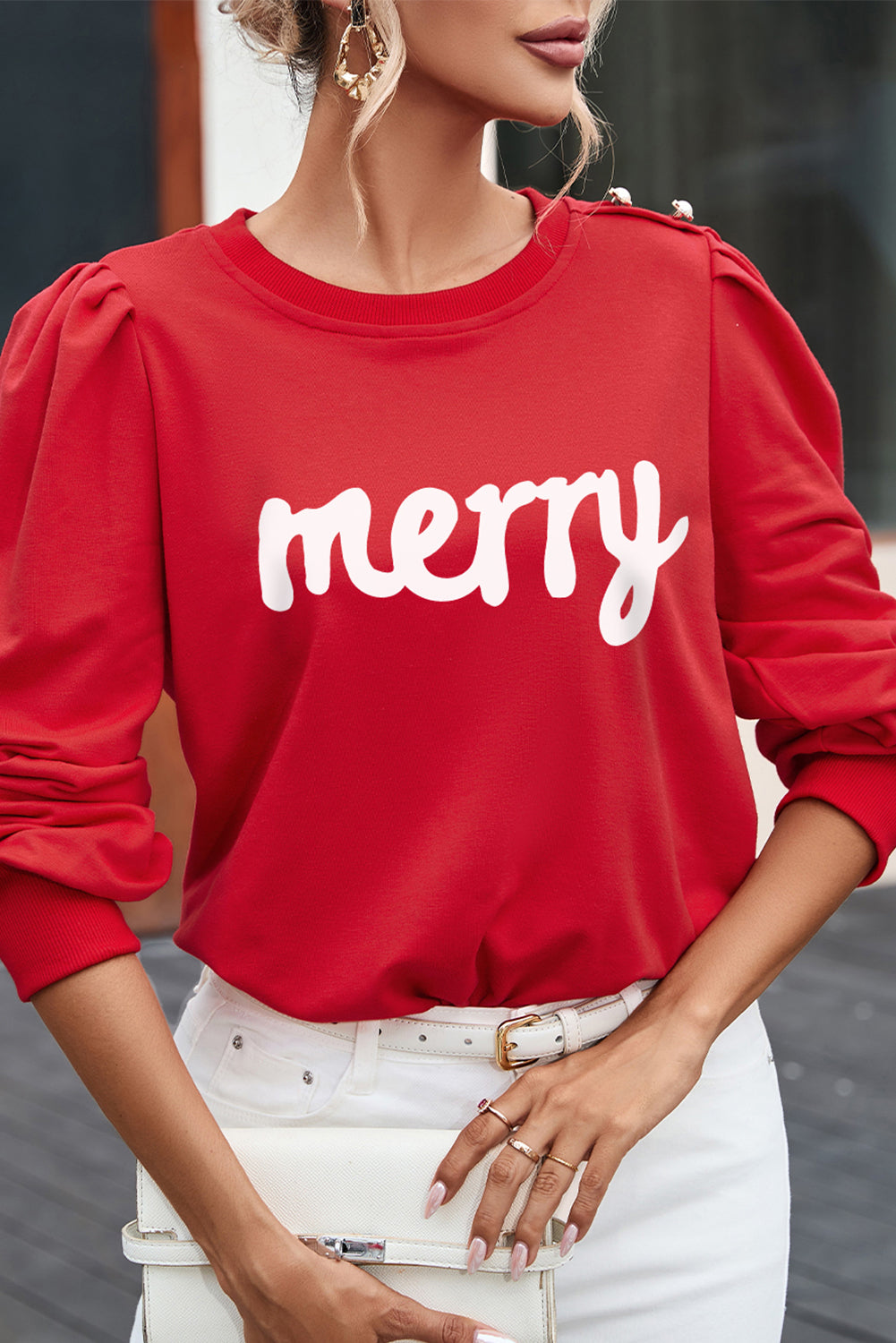 MERRY Ruff Sleeve Buttoned Sweatshirt 