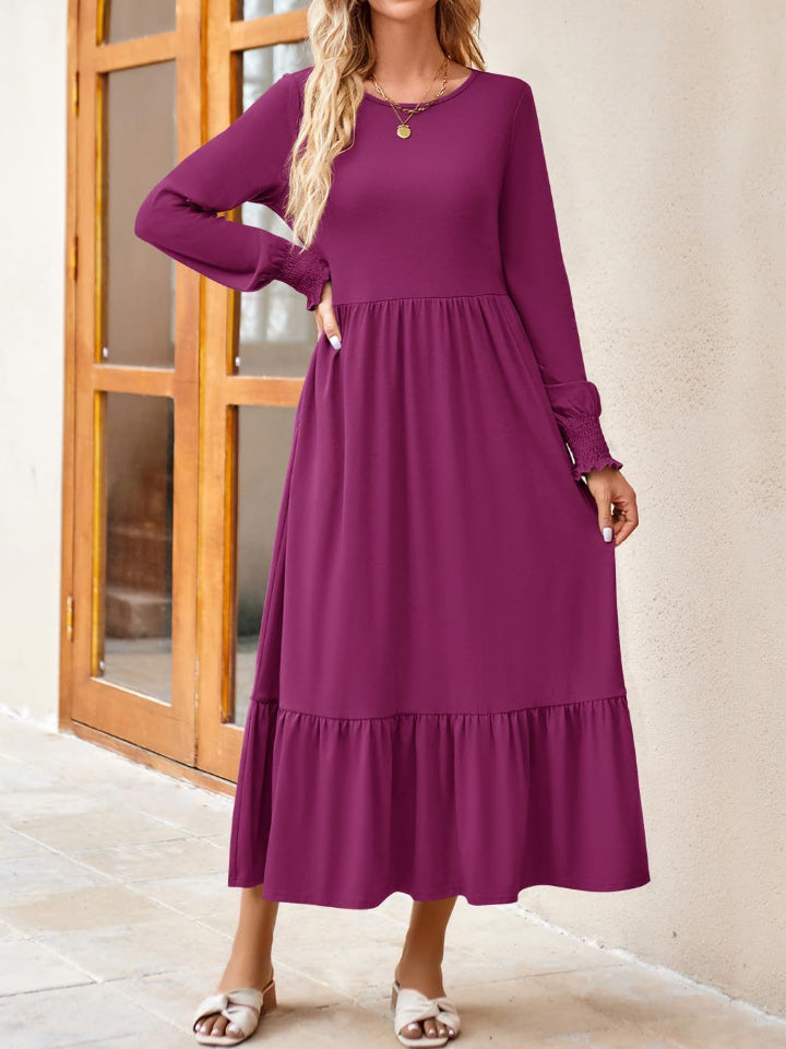 Round Neck Lantern Sleeve Ruffle Hem Dress - Babbazon Midi Dress