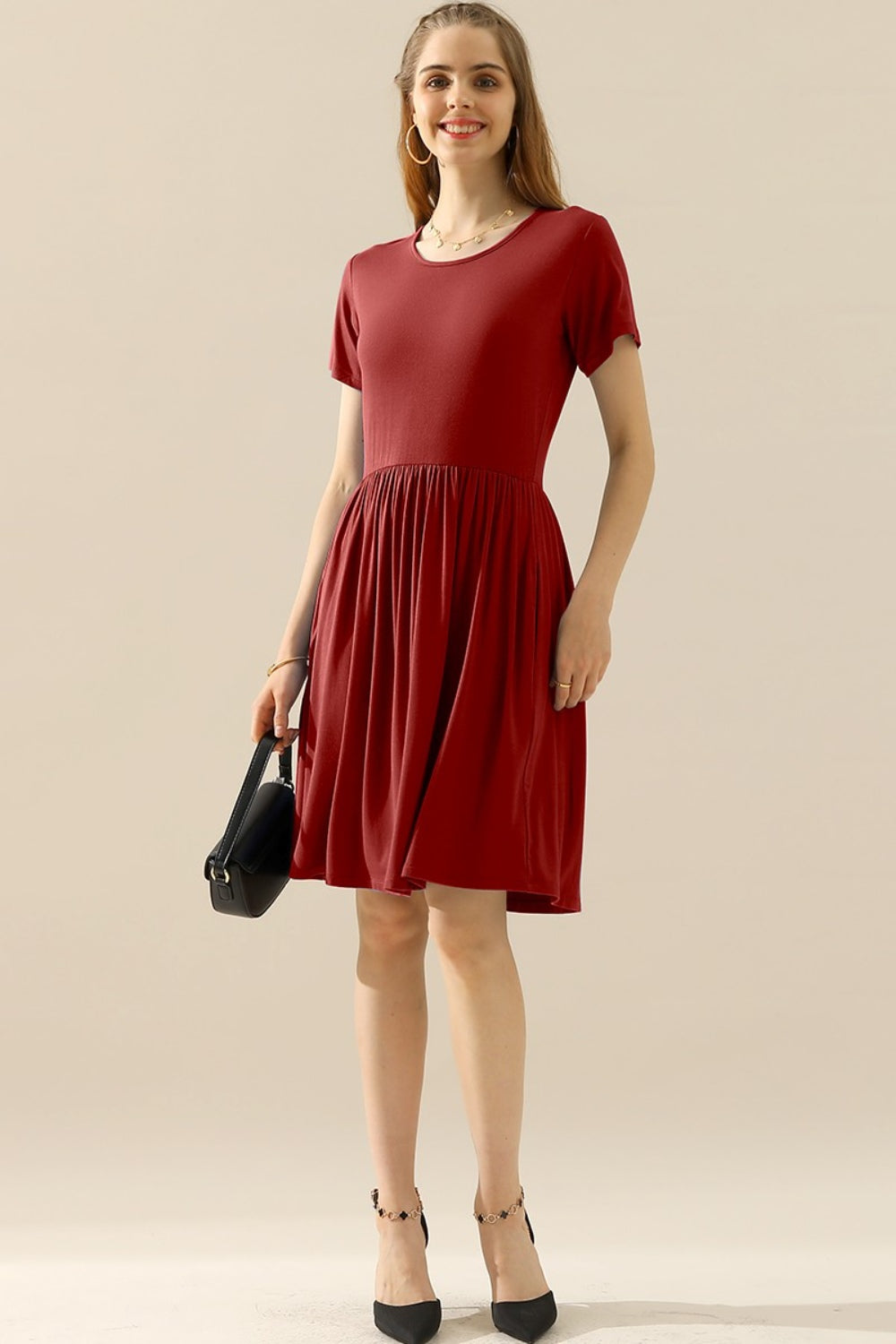 Ninexis Full Size Round Neck Ruched Dress with Pockets - Babbazon Dress