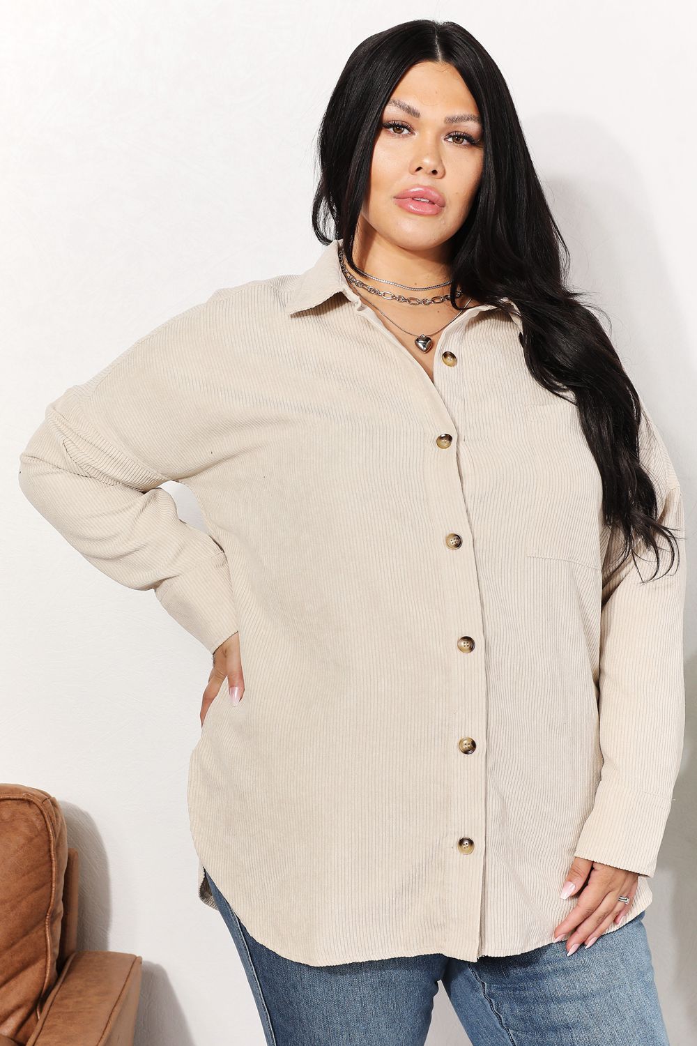 HEYSON Full Size Oversized Corduroy  Button-Down Tunic Shirt with Bust Pocket 