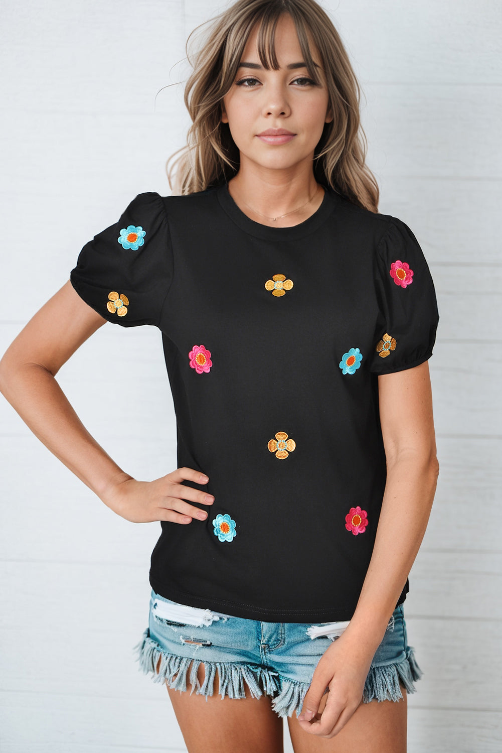 Embroidered Flower Round Neck Puff Sleeve Top - Babbazon Women's Tops