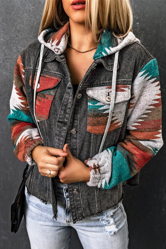 Drawstring Hooded Pocketed Denim Jacket - Babbazon Jacket