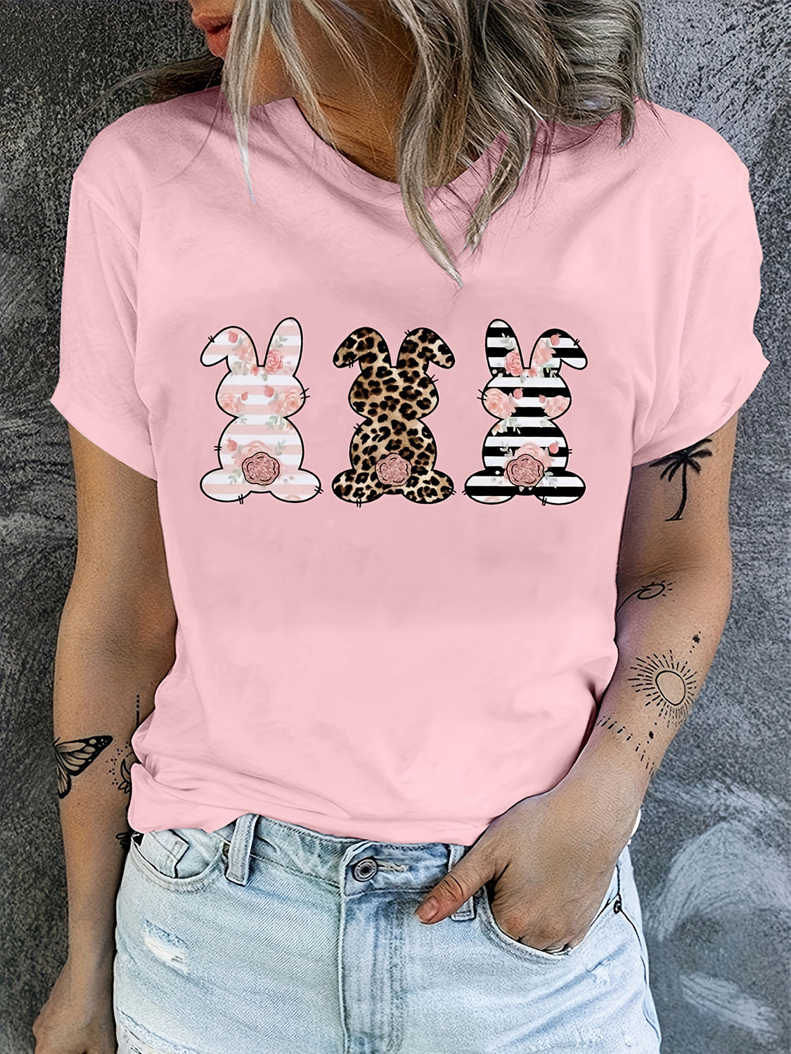 Rabbit Graphic Round Neck Short Sleeve T-Shirt 