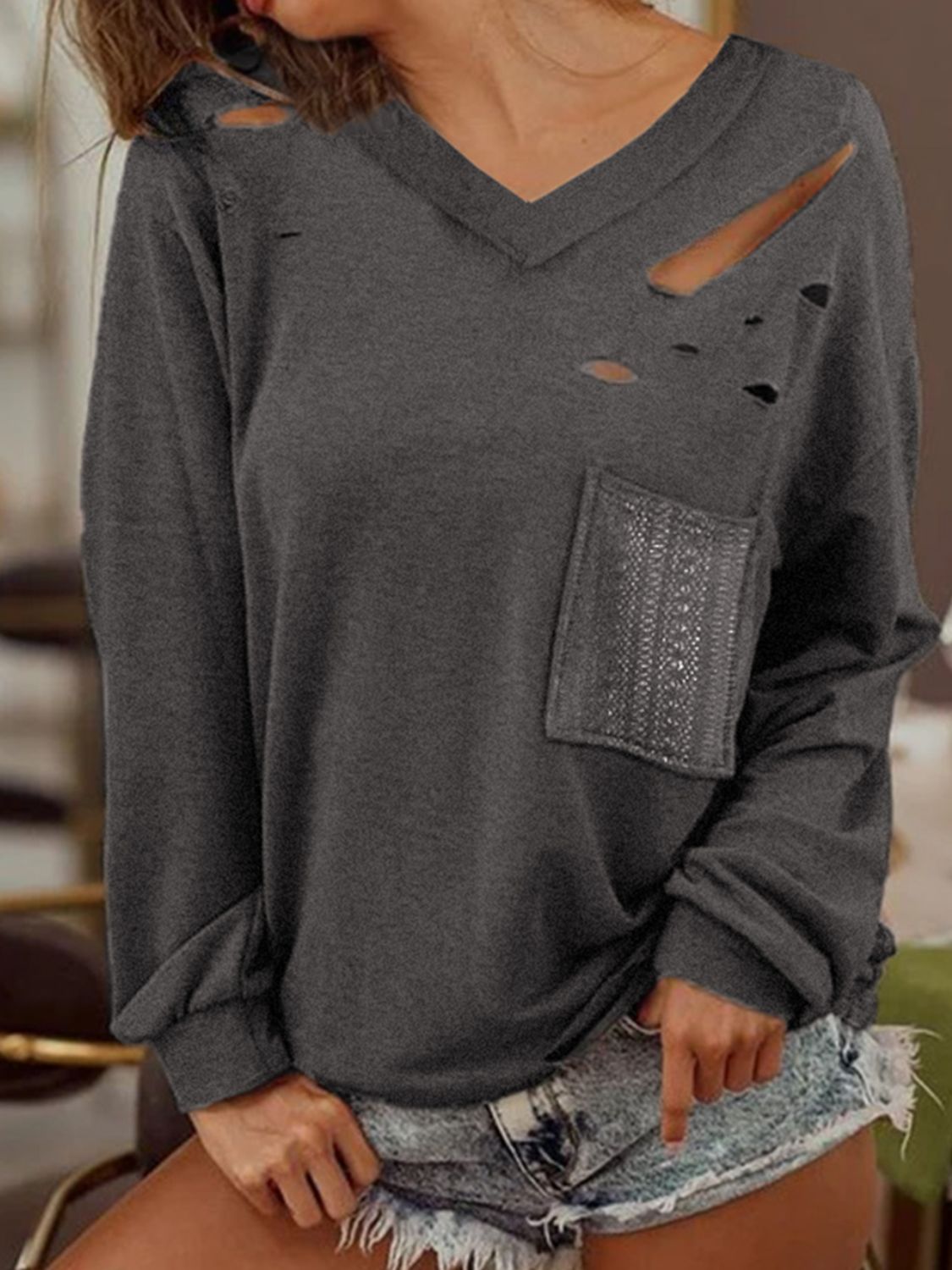 Distressed V-Neck Long Sleeve T-Shirt With Pockets 