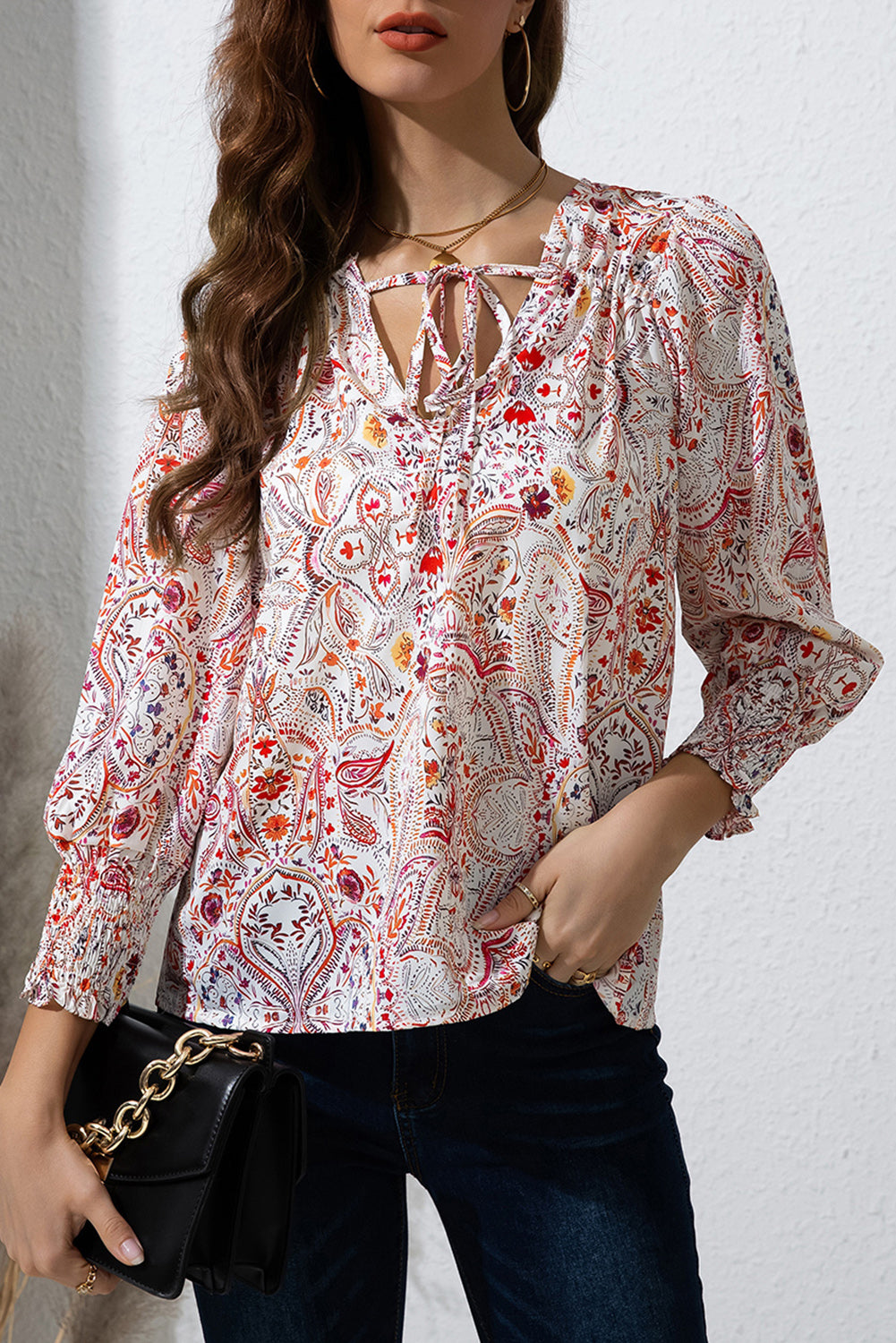 Printed Tie Neck Long Sleeve Blouse 