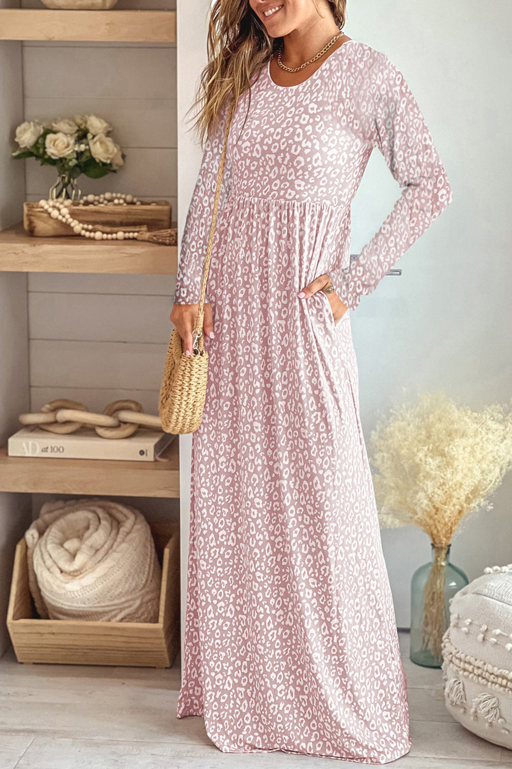 Leopard Round Neck Long Sleeve Maxi Dress - Babbazon Maxi Dress