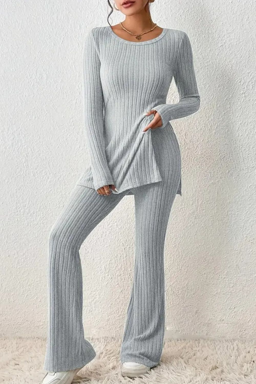 Ribbed Long Sleeve Slit Top and Bootcut Pants Set 