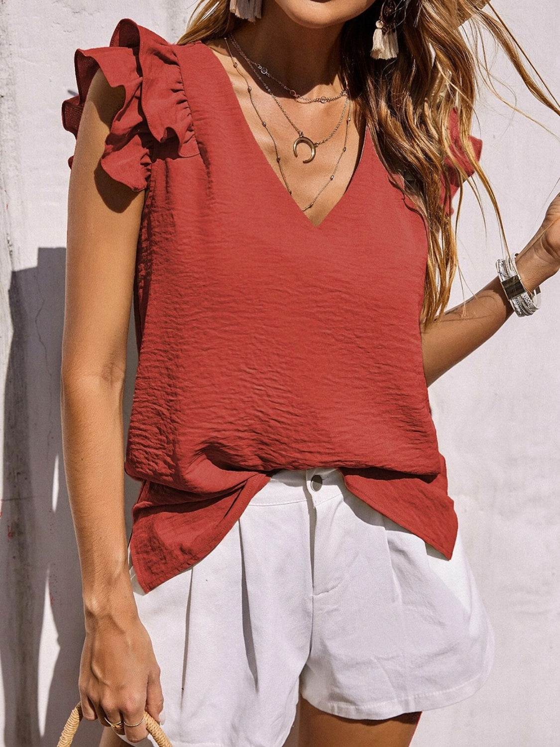 Ruffled V-Neck Cap Sleeve Blouse 