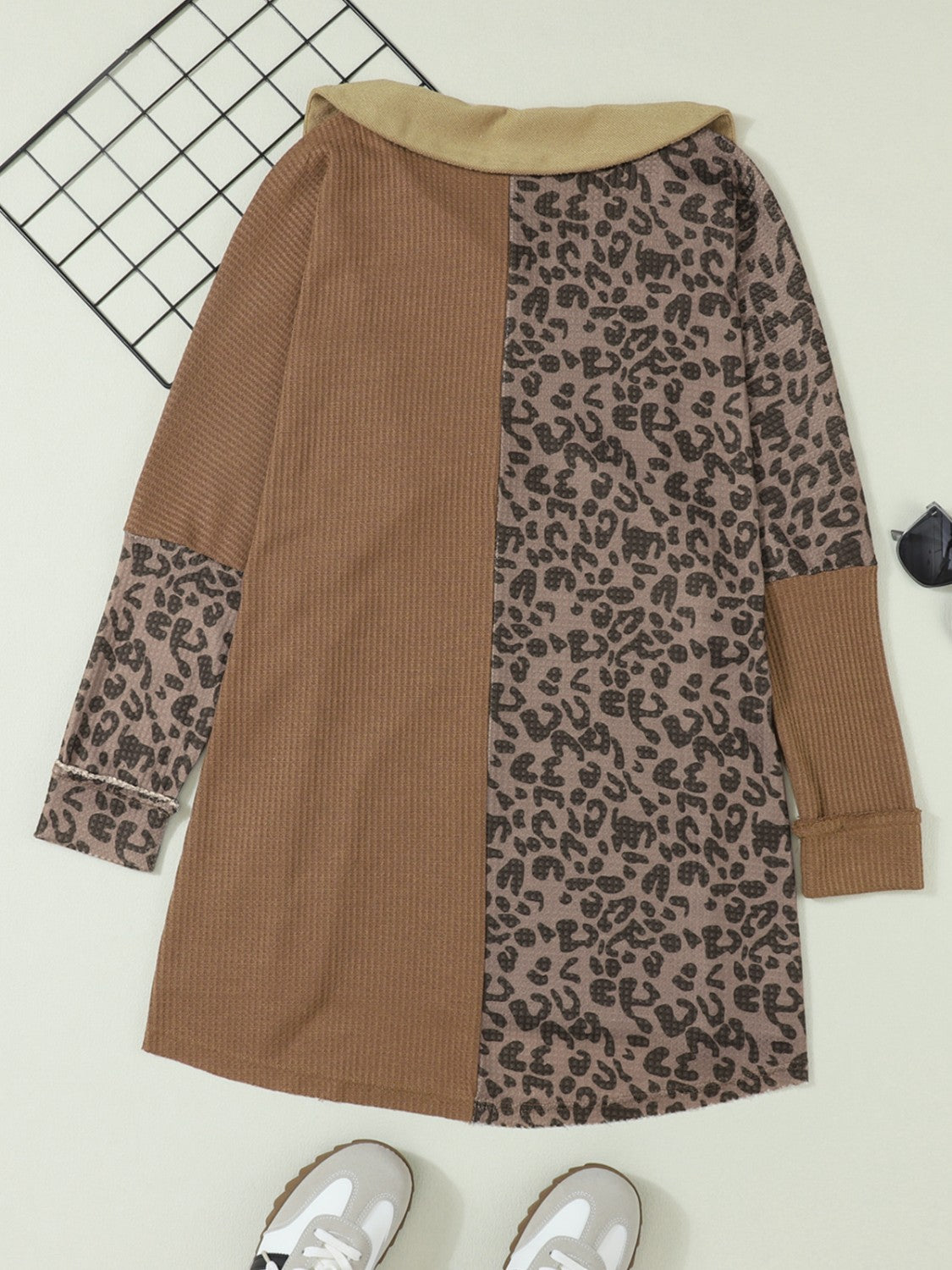 Half Button Leopard Collared Neck Blouse 