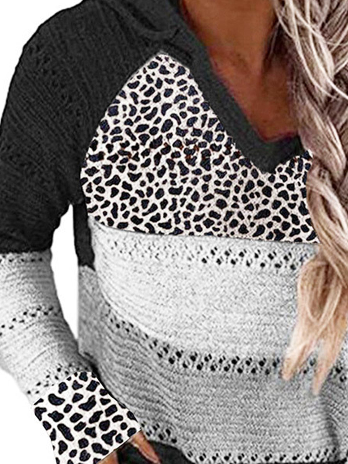 Full Size Openwork Leopard Drawstring Hooded Sweater