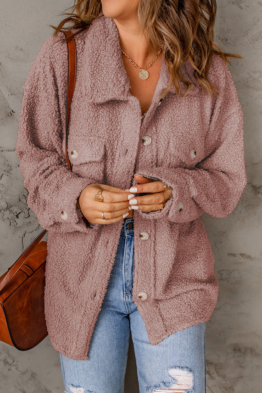 Fuzzy Button Up Pocketed Jacket - Babbazon Jacket