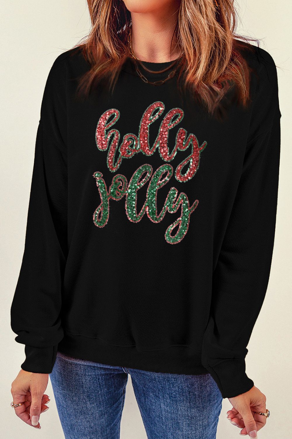 Sequin Round Neck Dropped Shoulder Sweatshirt 