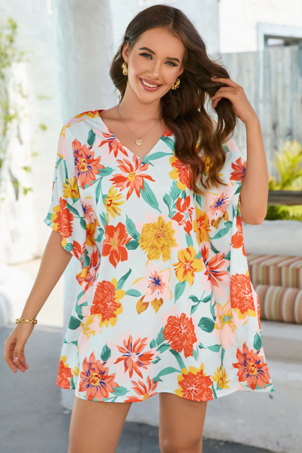 Floral V-Neck Tunic Blouse 