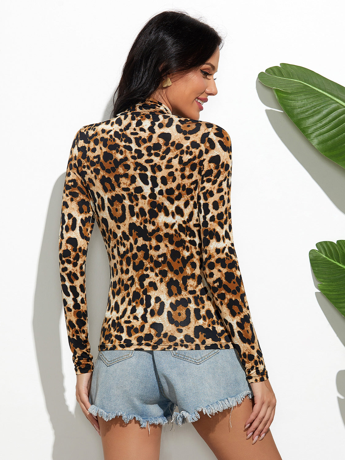 Leopard Mock Neck Long Sleeve T-Shirt 